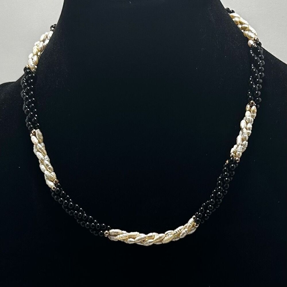 Vtg Beaded Necklace 16" Twisted White Rice Pearl & Black Seed Beads Multistrand